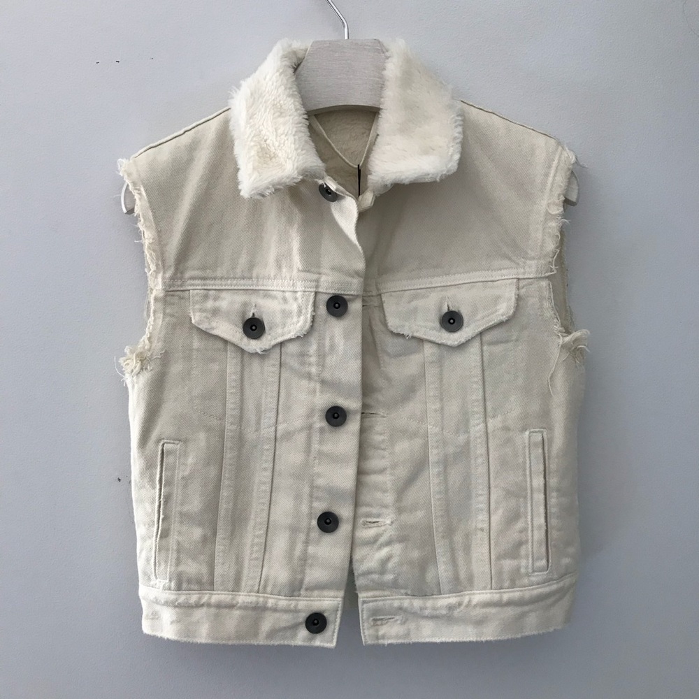 Helmut Lang Vegan Boxy Denim Fur Shrunken Vest
